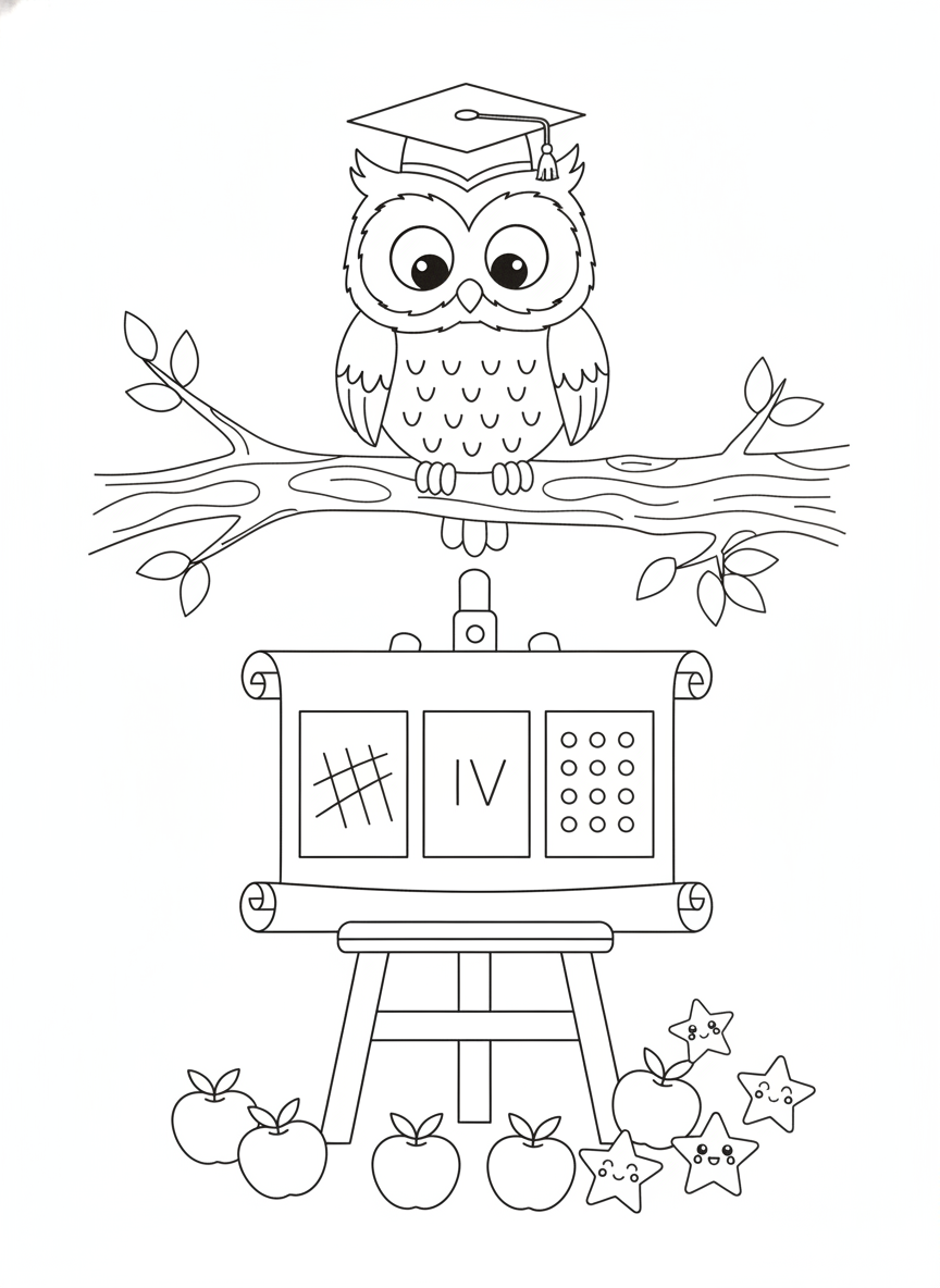 Wise Owl Counting Adventure Coloring Page