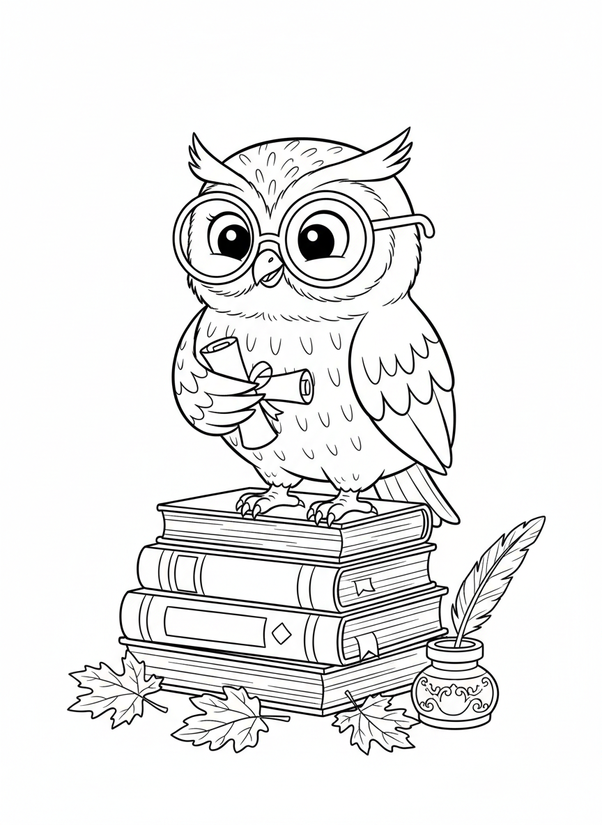 Wise Owl on Books Coloring Page for Kids