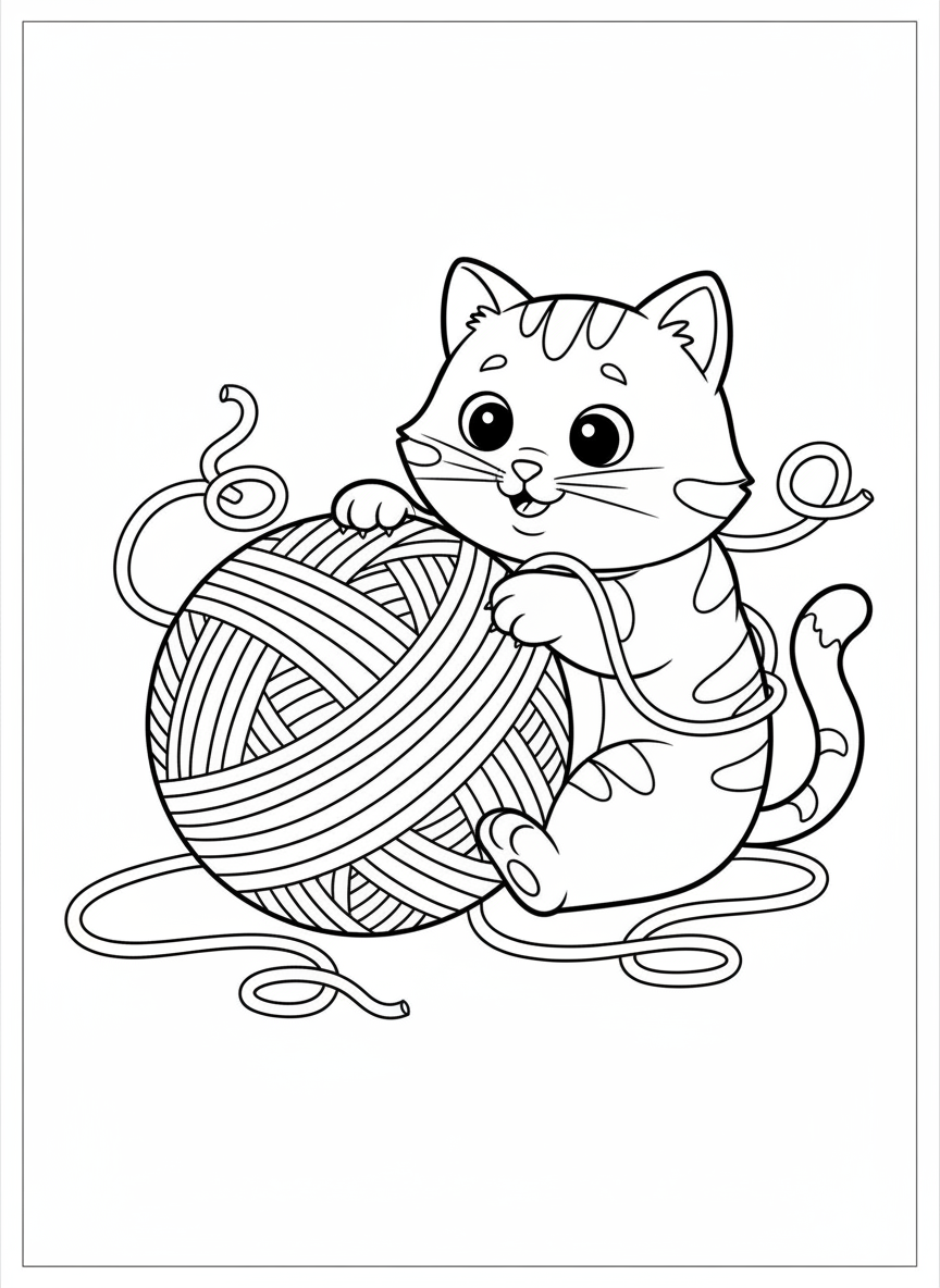 Cute Cartoon Cat Playing with Yarn Ball Coloring Page