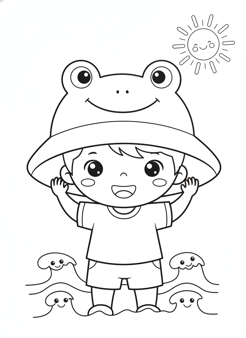 Adorable Child in Frog Sun Hat Coloring Page