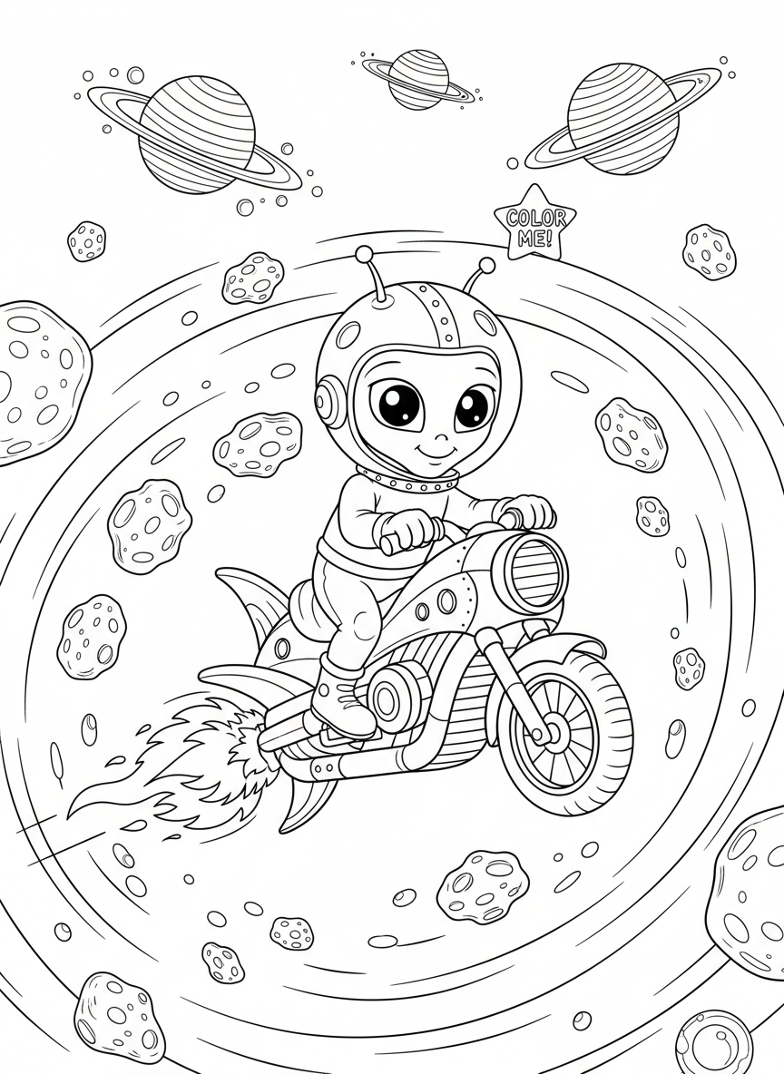 Alien Rocket Bike Adventure Coloring Page
