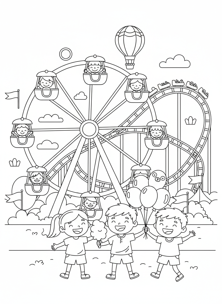 Amusement Park Adventure Coloring Page: Ferris Wheel & Rollercoaster Fun for Kids