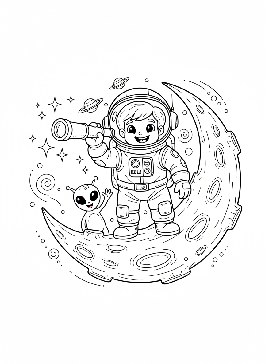Astronaut & Alien Moon Adventure Coloring Page