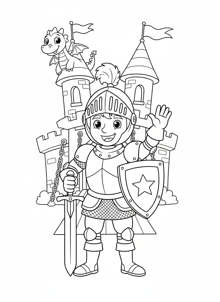 Brave Knight & Dragon Castle Coloring Page
