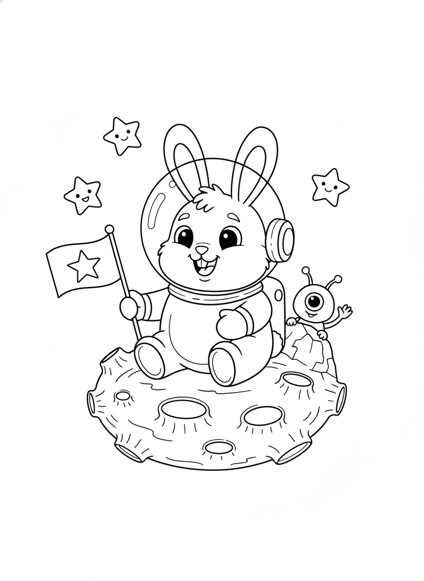 Bunny Astronaut Moon Adventure Coloring Page