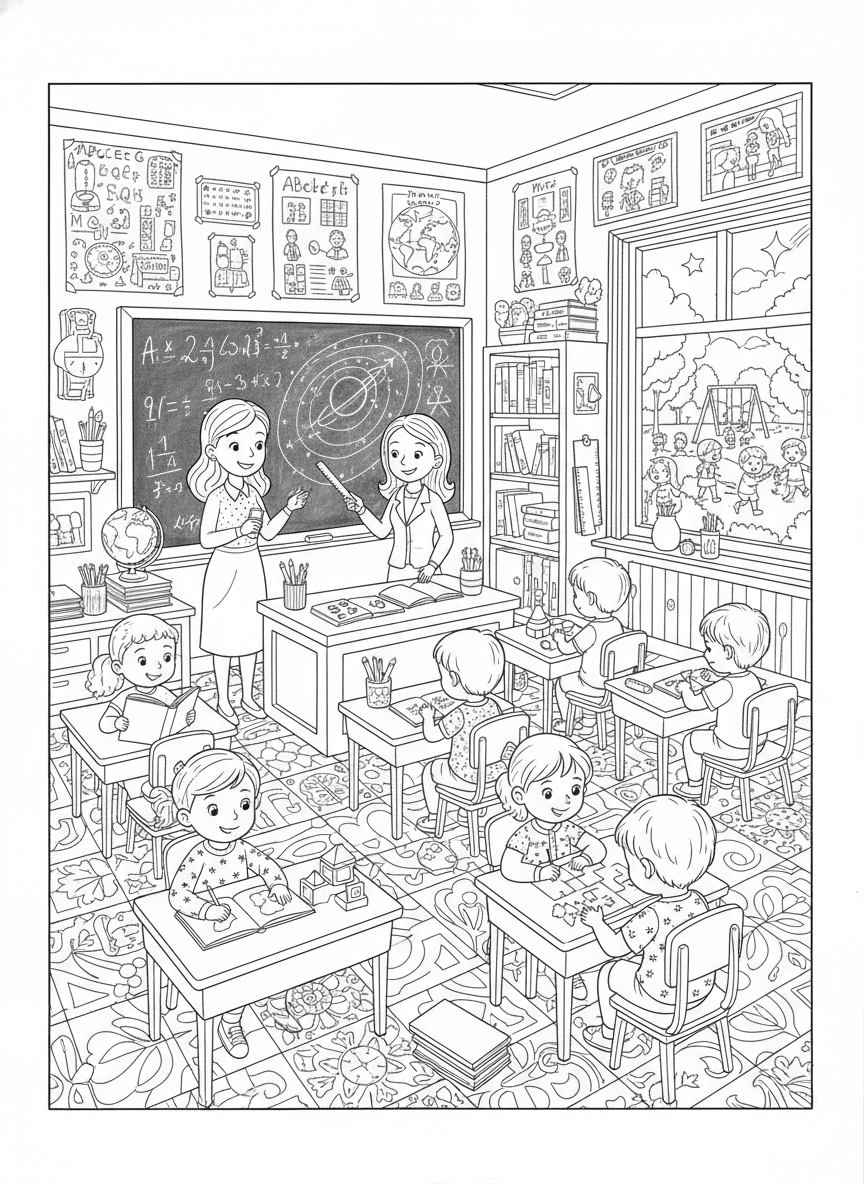 Bustling School Classroom Coloring Page for Kids