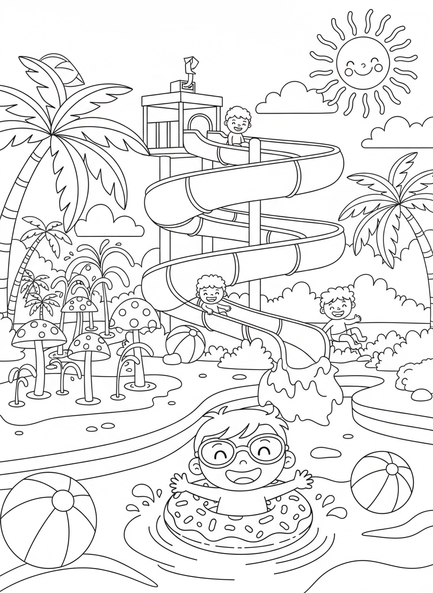 Bustling Water Park Fun Coloring Page for Kids