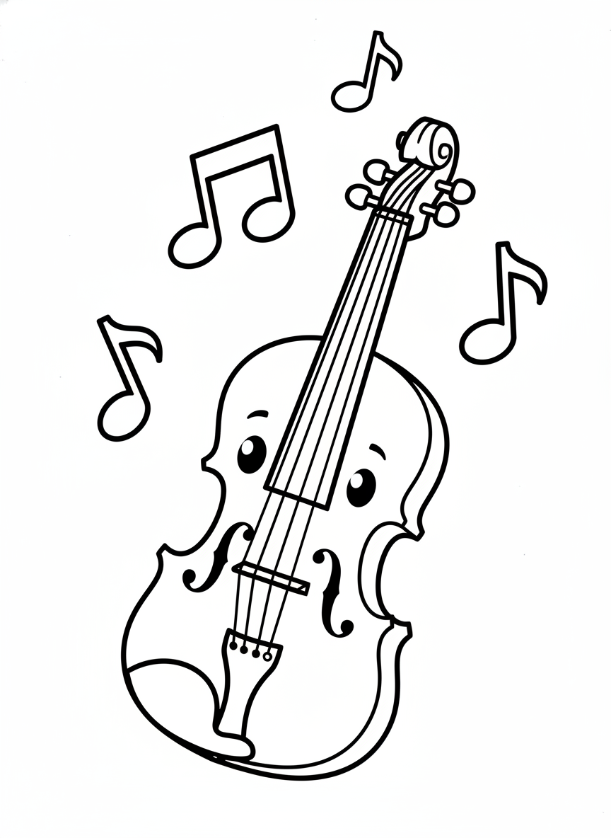 Cartoon Violin & Music Notes Coloring Page for Kids