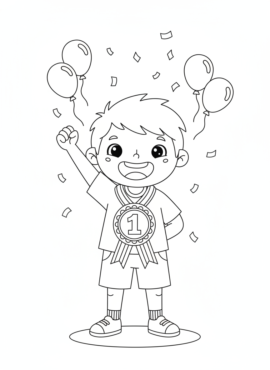 Champion Kid Coloring Page: Celebrate Victory with Medal & Confetti!