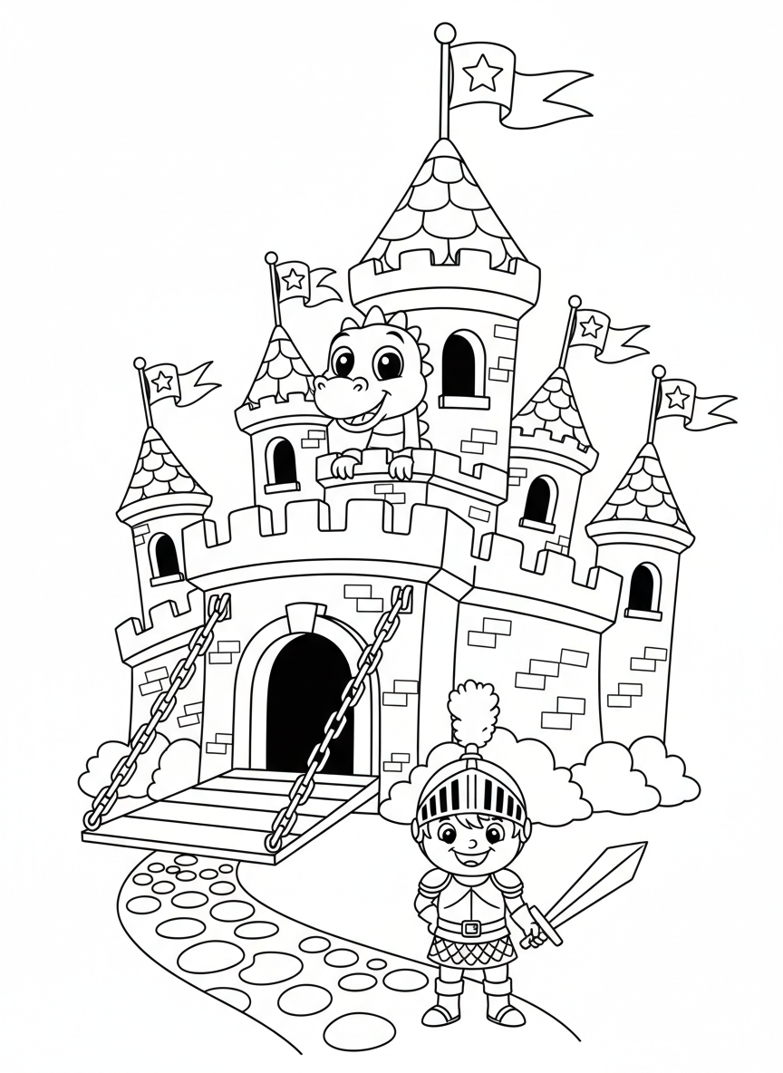 Charming Castle, Dragon & Knight Coloring Page