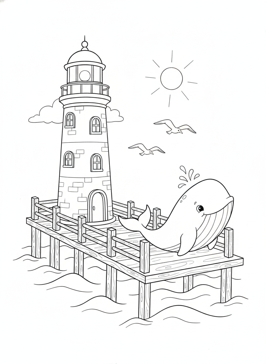 Charming Lighthouse & Playful Whale Ocean Scene Coloring Page