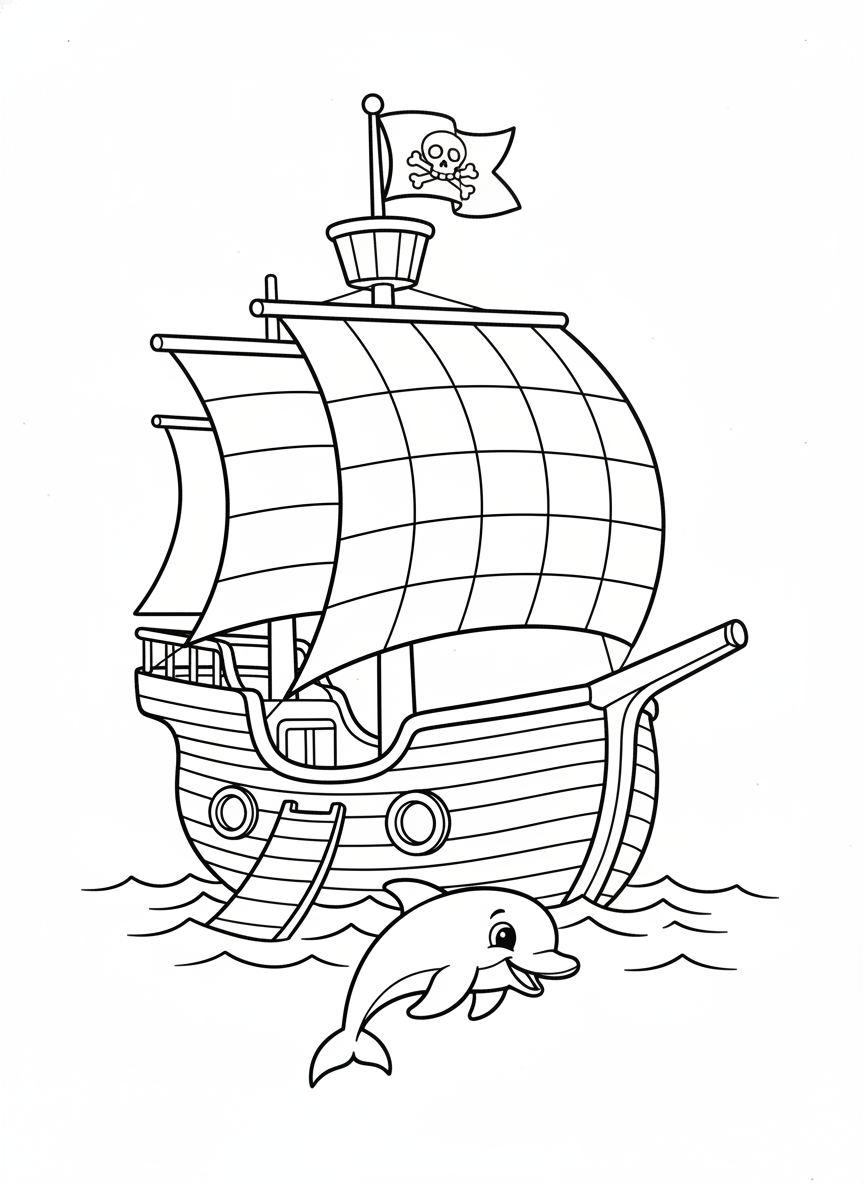 Charming Pirate Ship & Dolphin Adventure Coloring Page for Kids