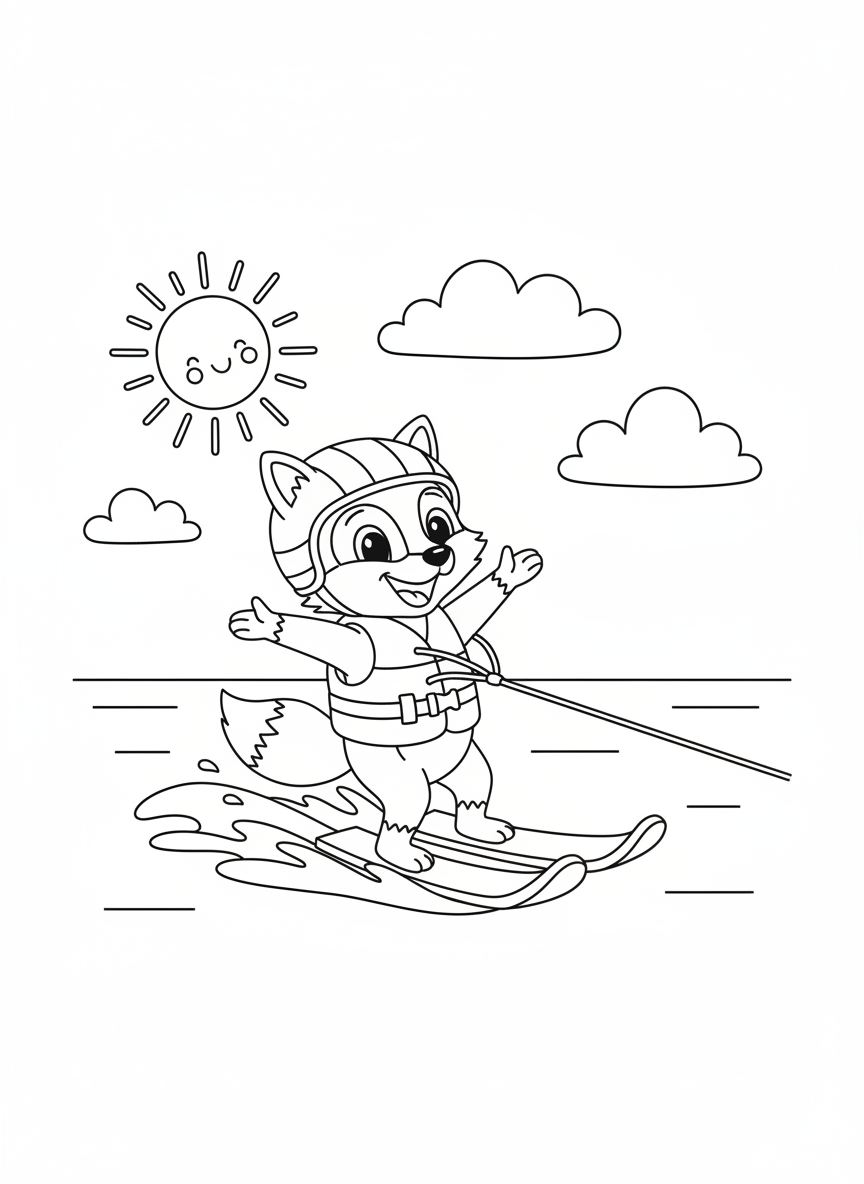 Cheerful Character Waterskiing Coloring Page