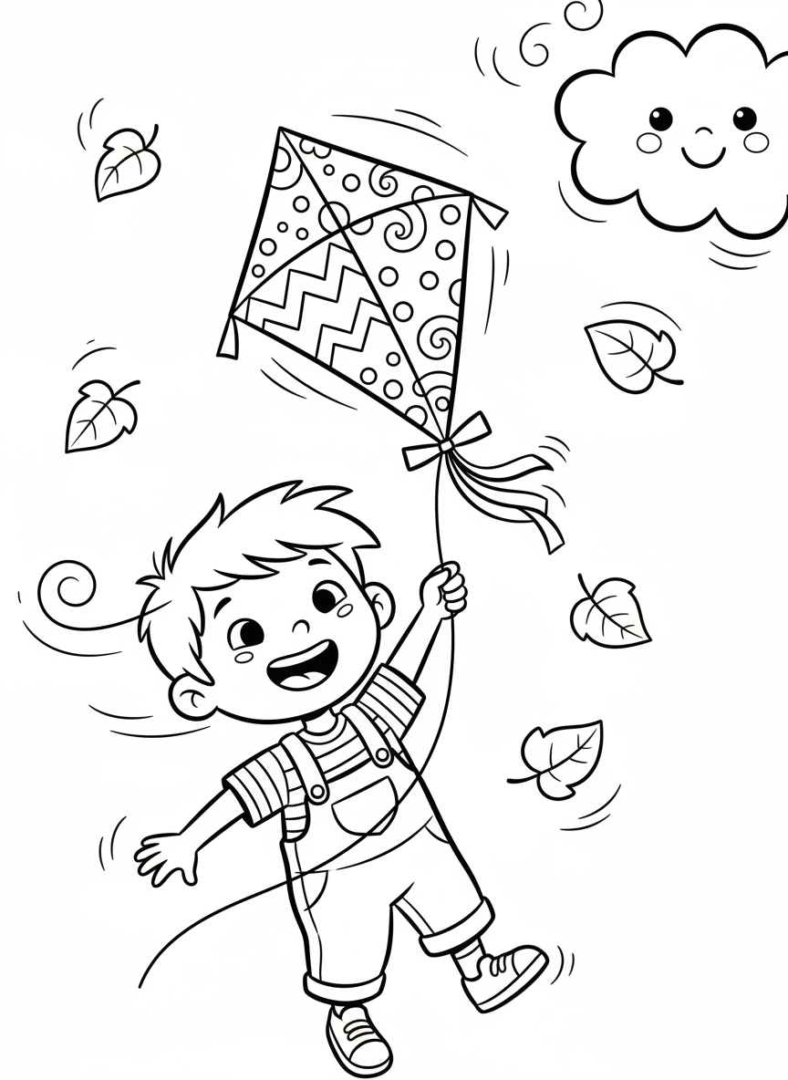 Cheerful Child Flying a Kite Coloring Page for Kids 🪁