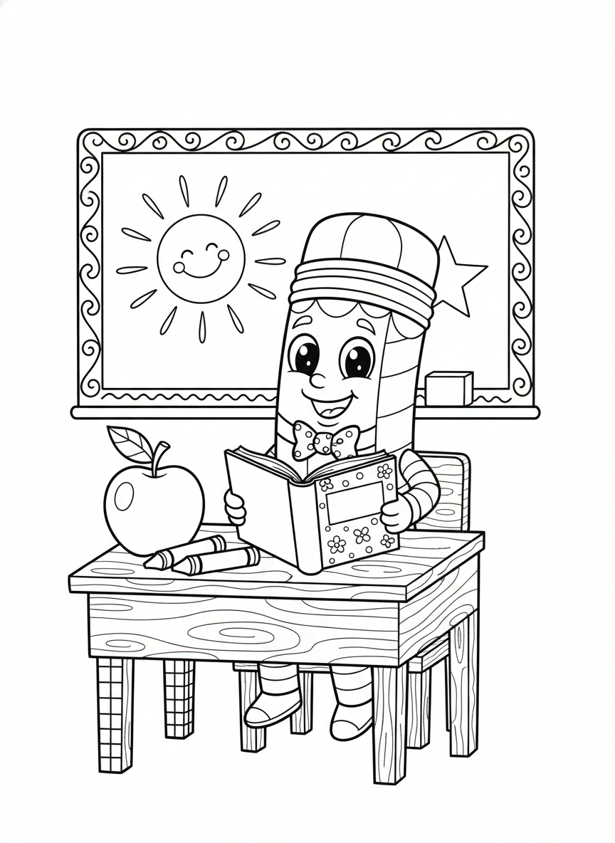 Cheerful Classroom Coloring Page with a Smiling Pencil Friend