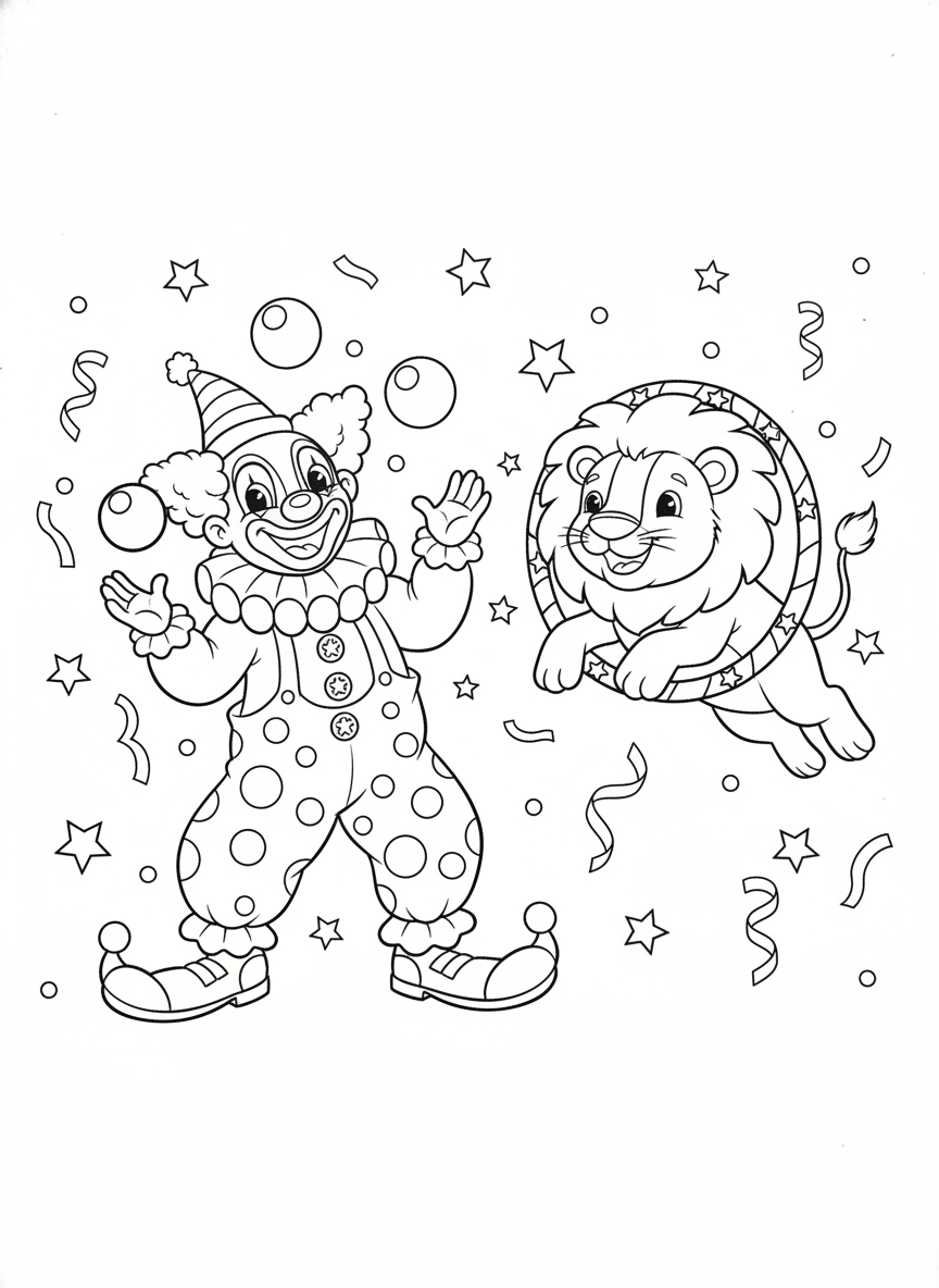 Cheerful Clown & Friendly Lion Circus Act Coloring Page for Kids