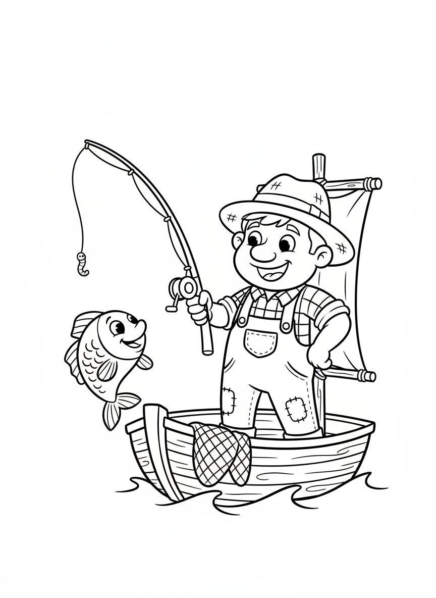 Cheerful Farmer Fishing Adventure Coloring Page