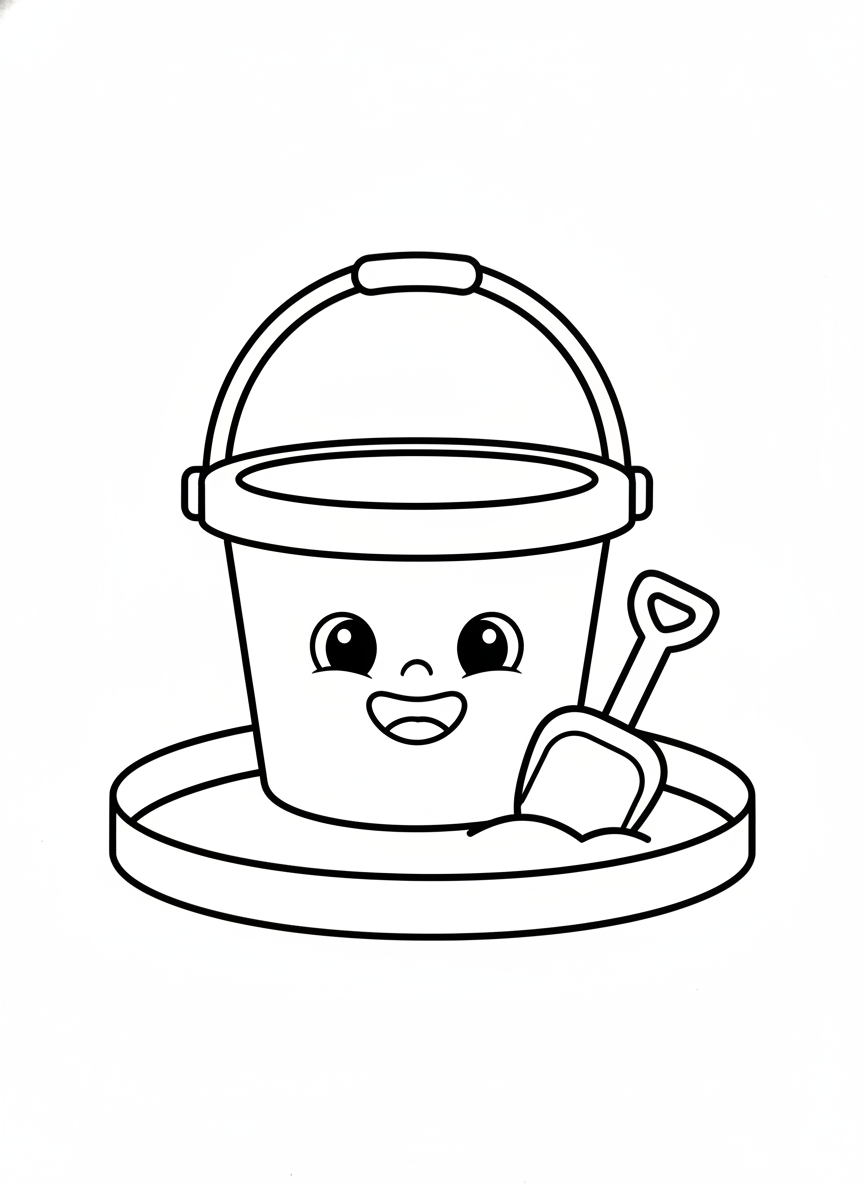 Cheerful Sand Bucket and Shovel in Sandbox Coloring Page for Kids