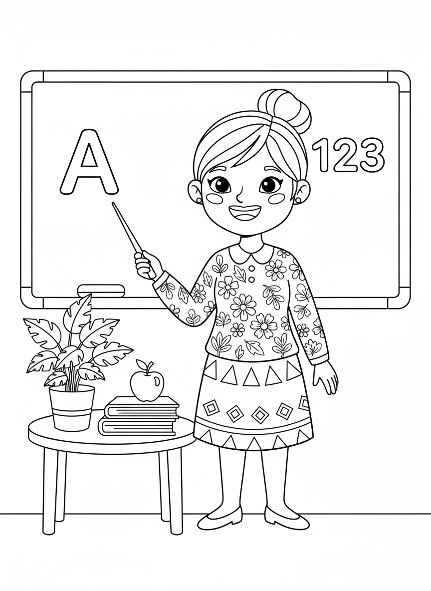 Cheerful Teacher & Classroom Fun Coloring Page for Kids