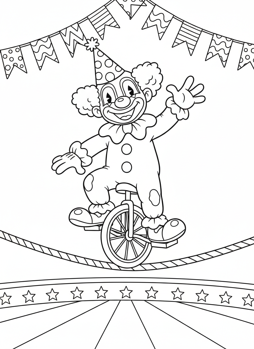 Clown on Unicycle Tightrope Coloring Page for Kids