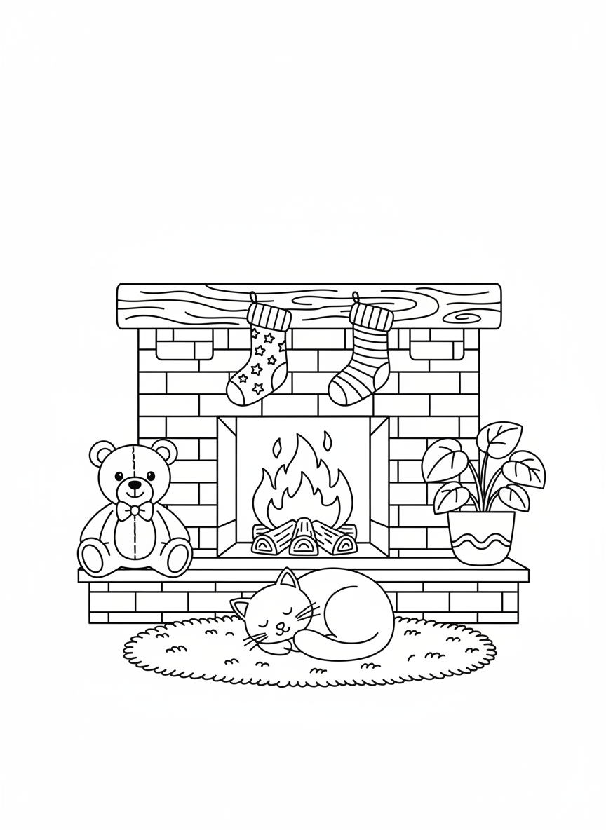 Cozy Fireplace Scene for Kids to Color
