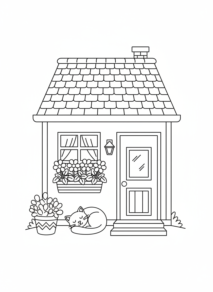 Cozy House Coloring Page with Sleeping Cat for Kids