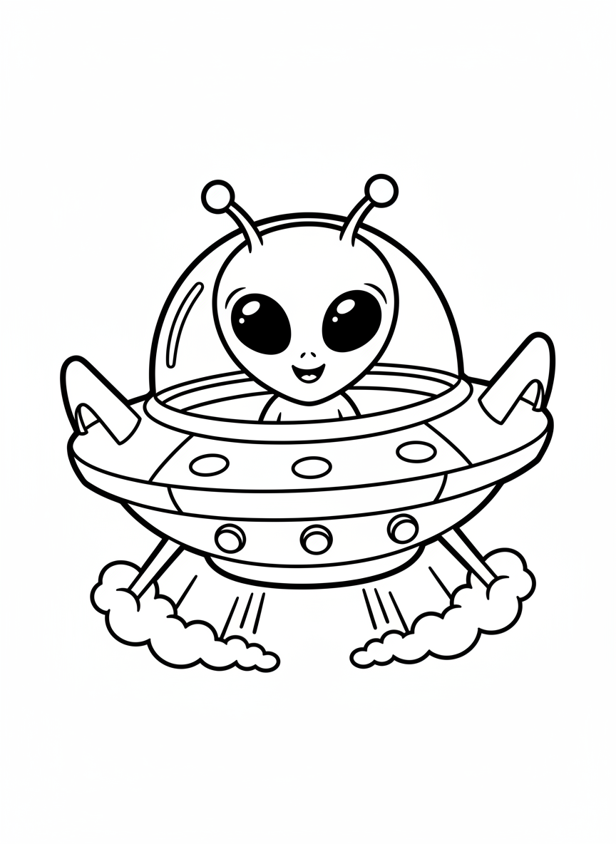 Cute Alien Flying Saucer Coloring Page for Kids