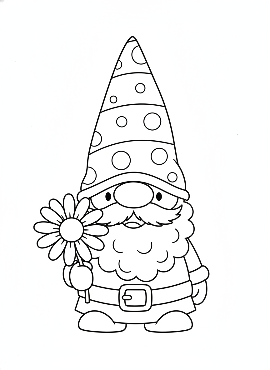 Cute Cartoon Gardening Gnome with Daisy Coloring Page