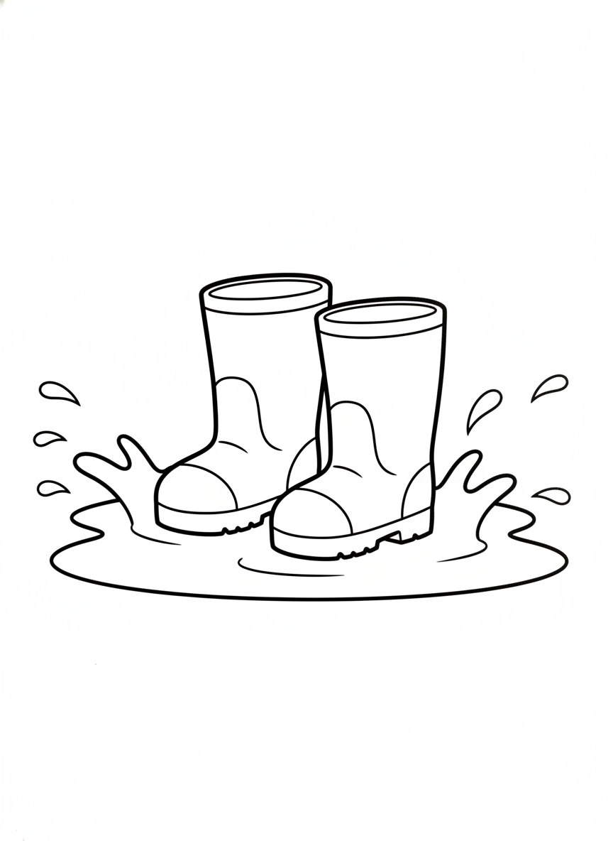 Cute Cartoon Rain Boots Splashing in a Puddle Kids Coloring Page