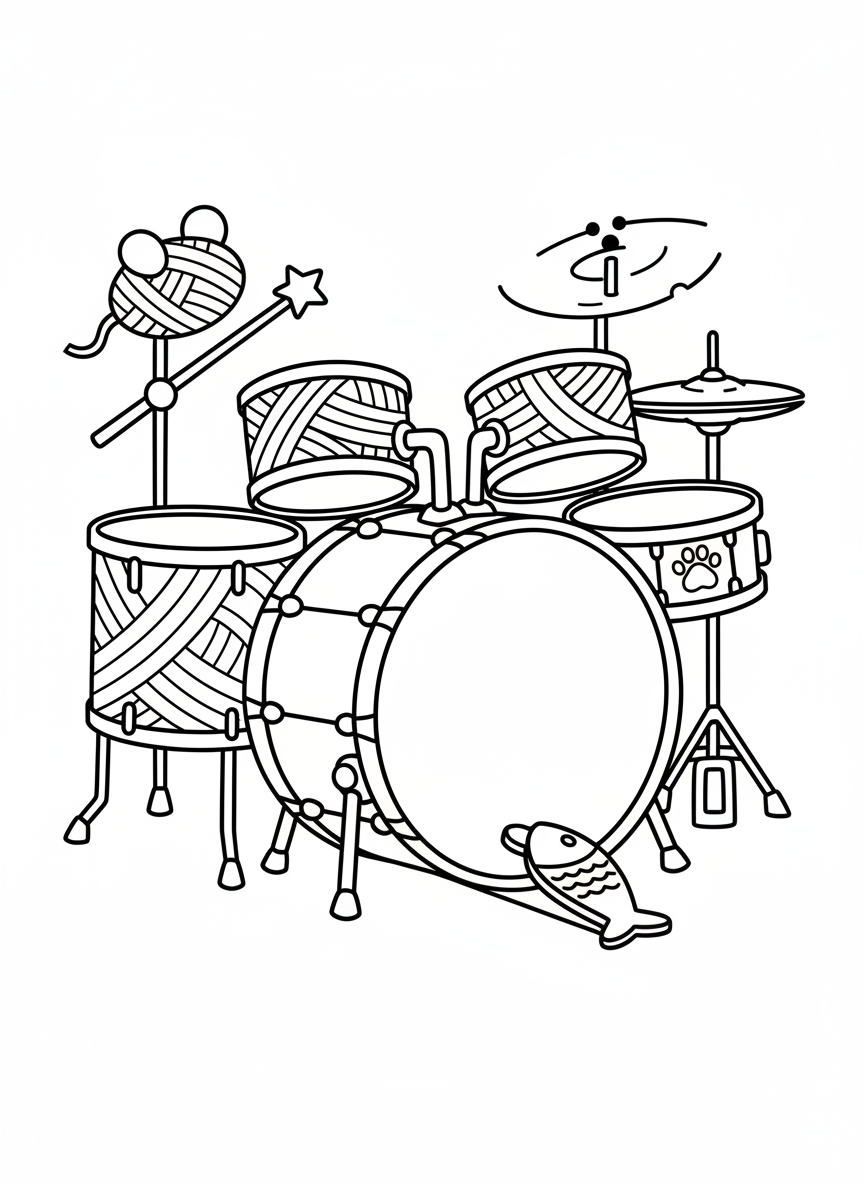 Cute Cat Drum Kit Coloring Page for Kids
