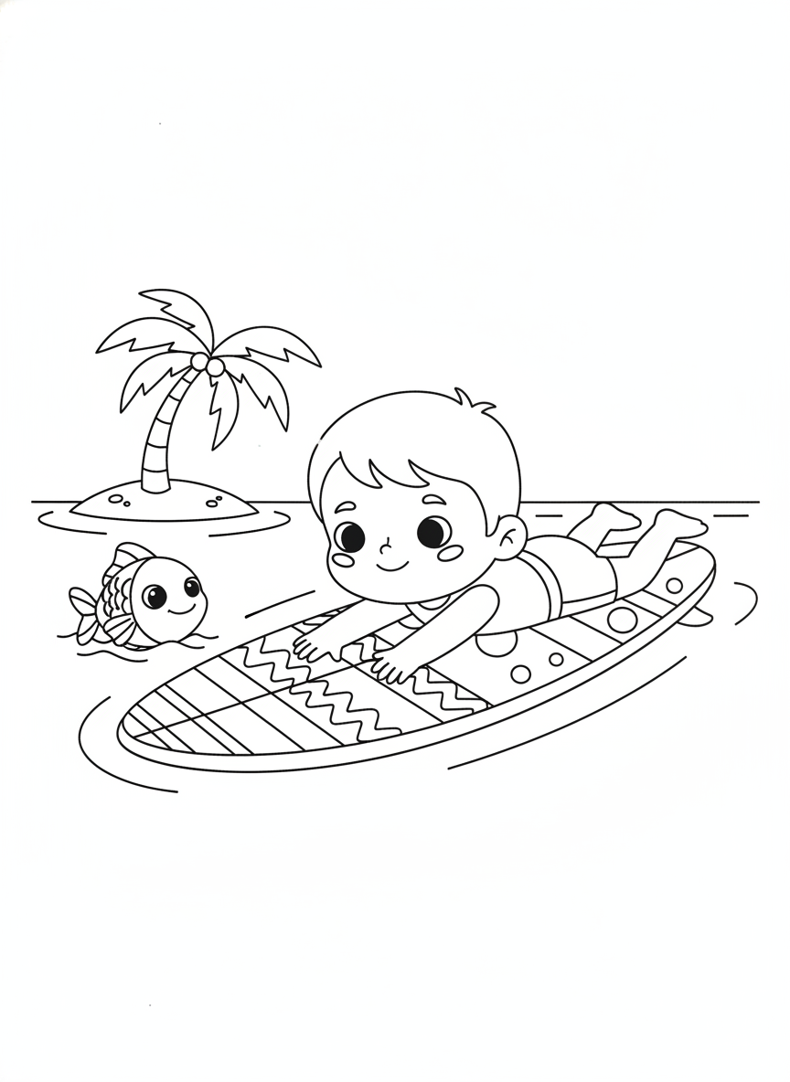 Cute Child on Surfboard Coloring Page: Ocean Fun with a Friendly Fish!