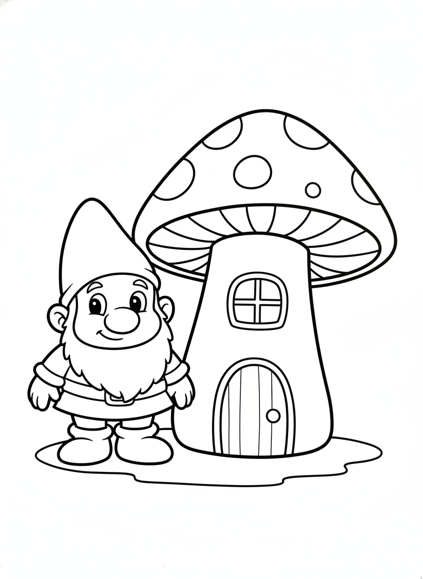 Cute Dwarf & Charming Mushroom House Coloring Page for Kids
