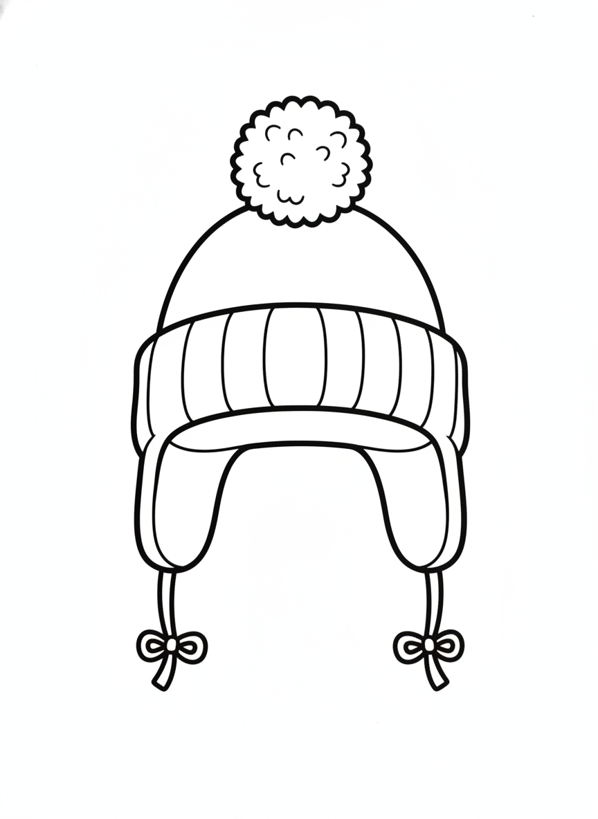 Cute Earflap Beanie with Pom-Pom Coloring Page for Kids