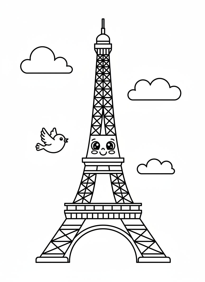 Cute Eiffel Tower Coloring Page for Kids