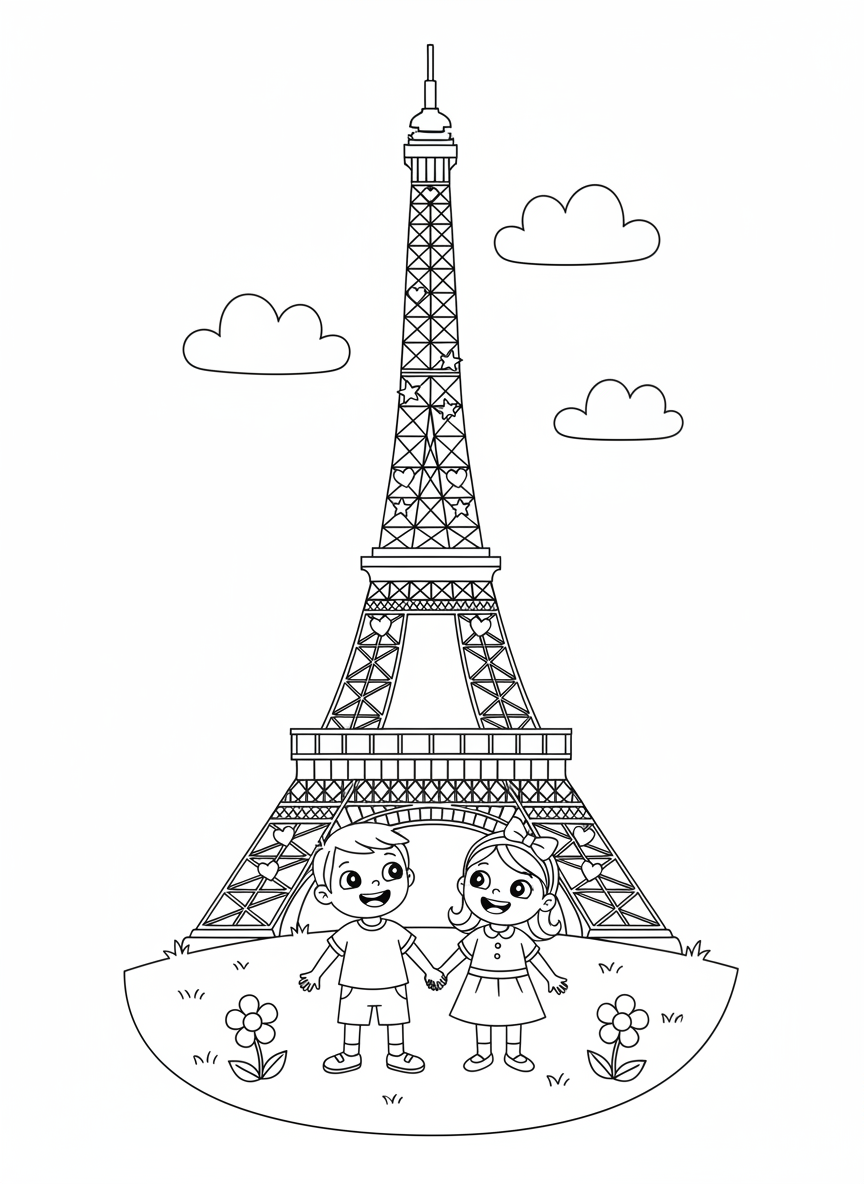 Cute Eiffel Tower & Kids Coloring Page