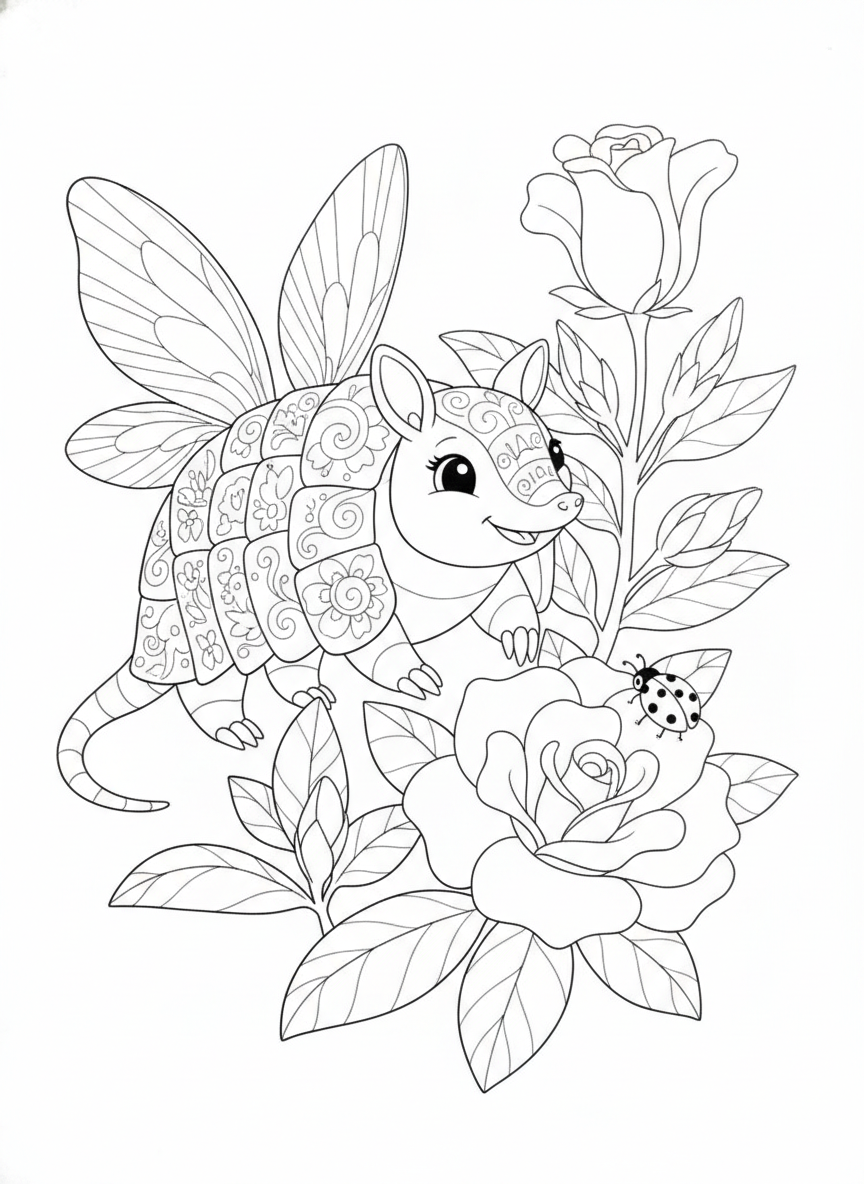 Cute Fairy Armadillo with Desert Rose Coloring Page for Kids