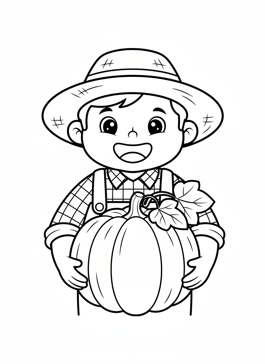 Cute Farmer with Pumpkin Coloring Page for Kids