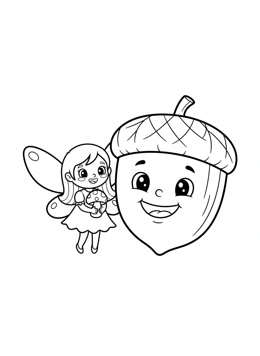 Cute Forest Fairy & Giant Acorn Coloring Page