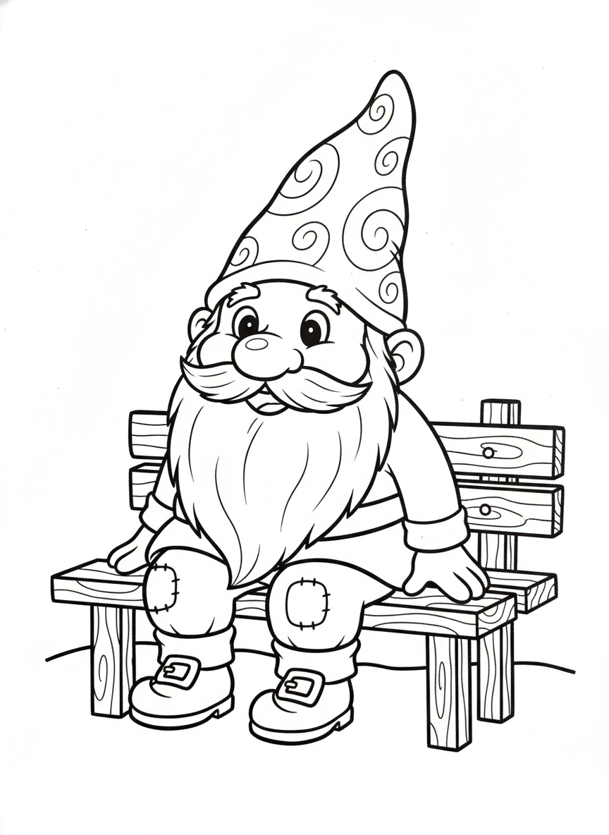 Cute Garden Gnome on a Wooden Bench Coloring Page for Kids