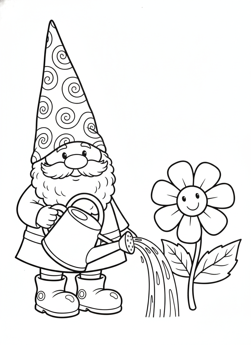 Cute Gardening Gnome Watering Flower Coloring Page
