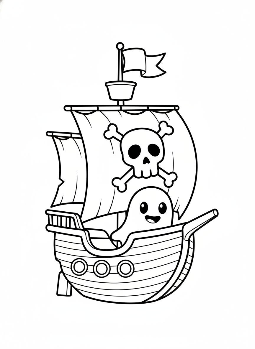 Cute Ghost Pirate Ship Coloring Page for Kids
