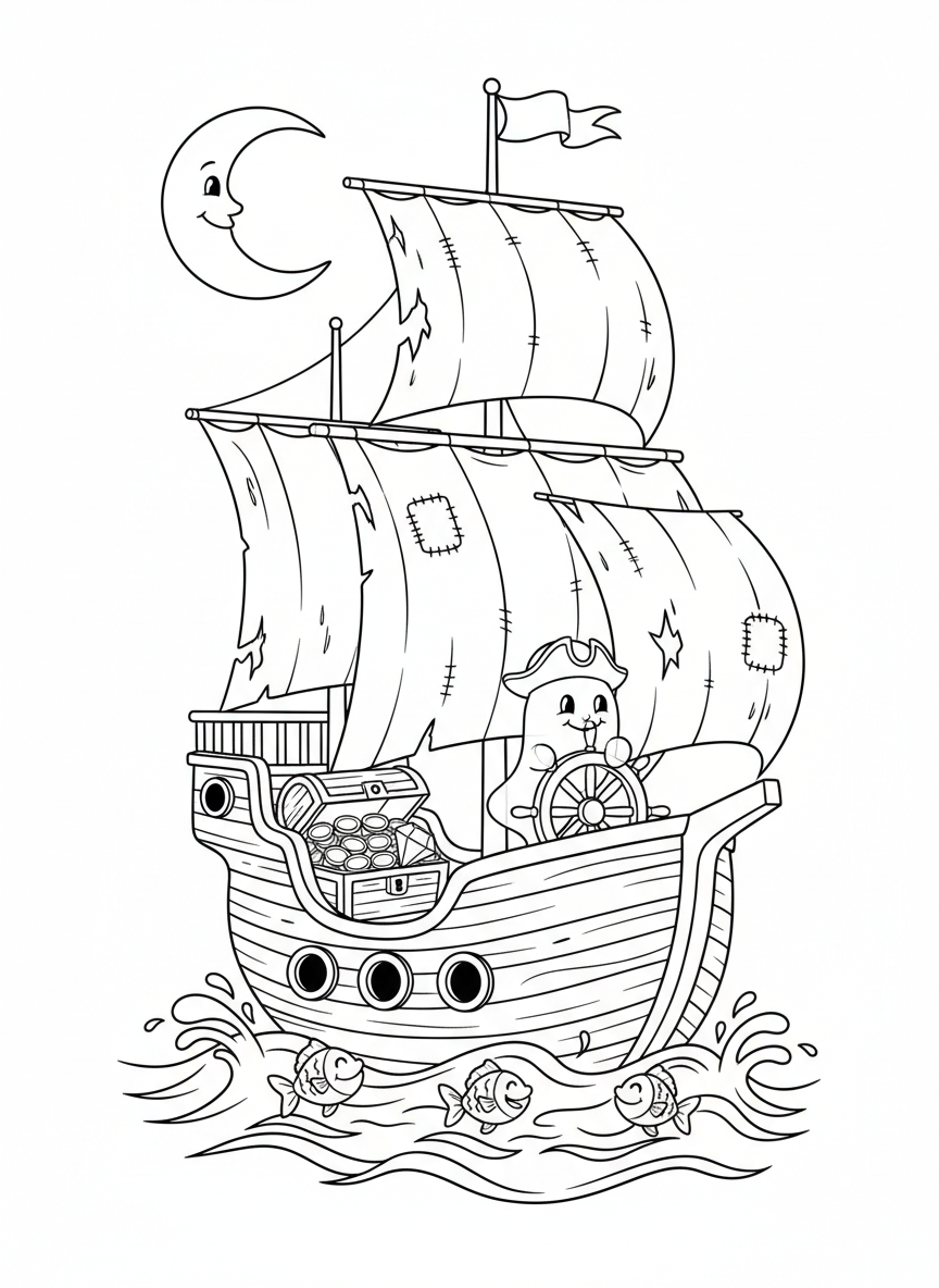 Cute Ghost Pirate Ship Coloring Page