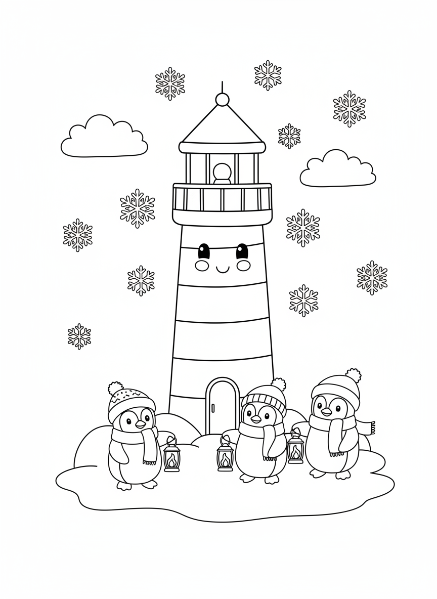 Cute Lighthouse & Penguin Snowfall Coloring Page