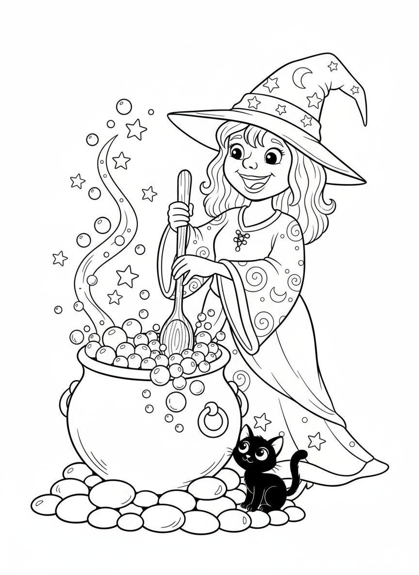 Cute Little Witch Brewing Potion Coloring Page