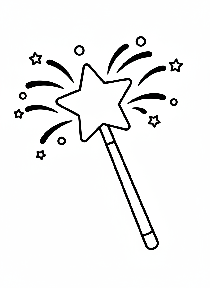Cute Magic Wand with Star Fireworks Coloring Page