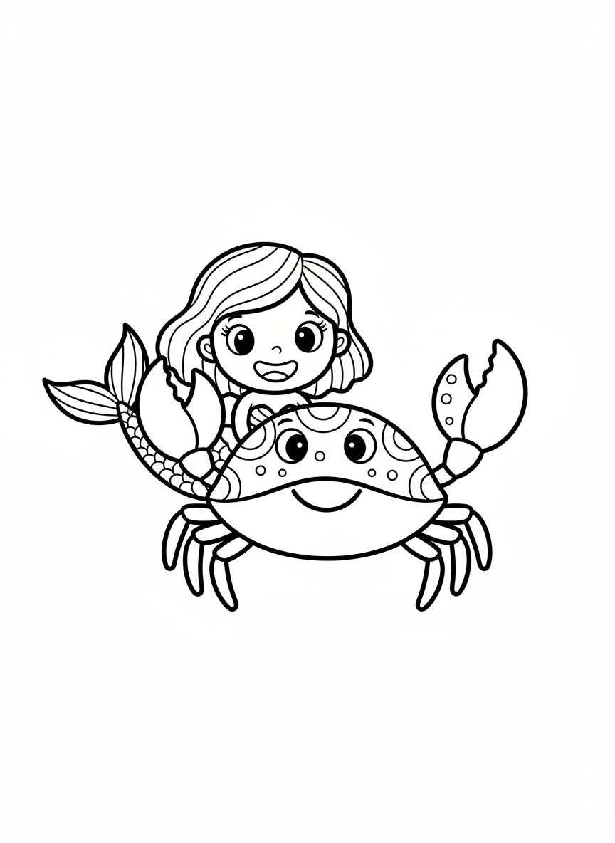Cute Mermaid & Friendly Crab Coloring Page