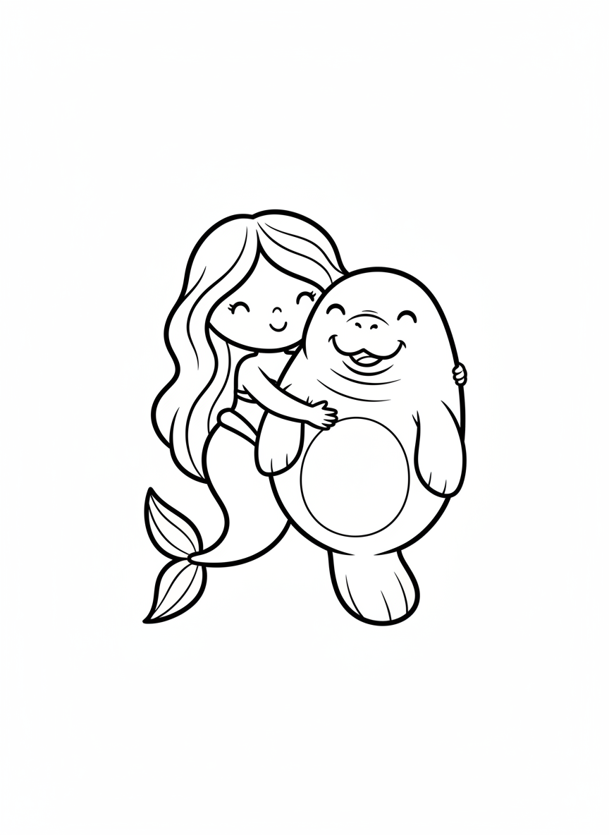 Cute Mermaid Hugging Manatee Coloring Page