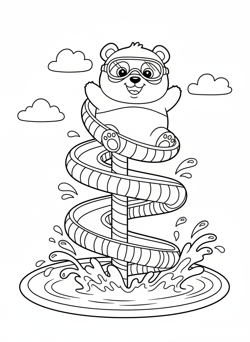 Cute Panda Waterslide Adventure Coloring Page
