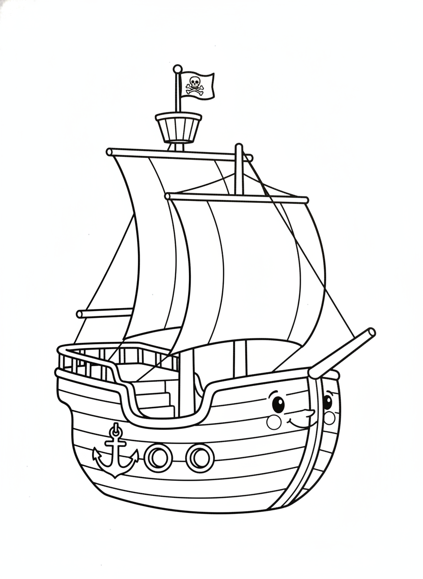Cute Pirate Ship Coloring Page for Kids at the Amusement Park