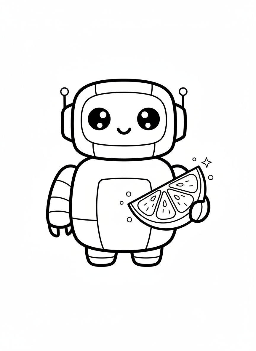 Cute Robot with Lemon Slice Coloring Page